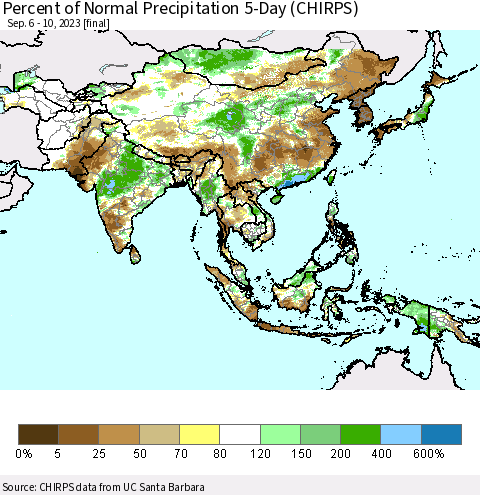 Asia Percent of Normal Precipitation 5-Day (CHIRPS) Thematic Map For 9/6/2023 - 9/10/2023