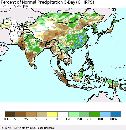 Asia Percent of Normal Precipitation 5-Day (CHIRPS) Thematic Map For 9/11/2023 - 9/15/2023