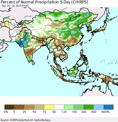 Asia Percent of Normal Precipitation 5-Day (CHIRPS) Thematic Map For 9/16/2023 - 9/20/2023