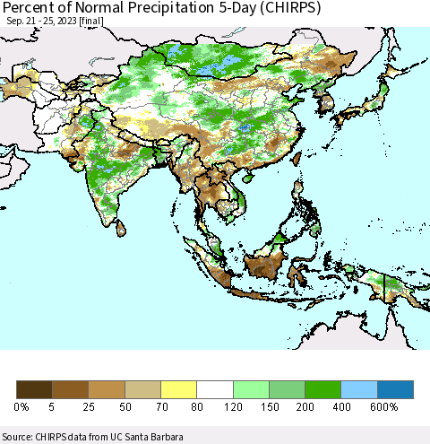 Asia Percent of Normal Precipitation 5-Day (CHIRPS) Thematic Map For 9/21/2023 - 9/25/2023