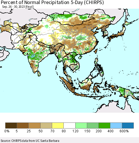 Asia Percent of Normal Precipitation 5-Day (CHIRPS) Thematic Map For 9/26/2023 - 9/30/2023