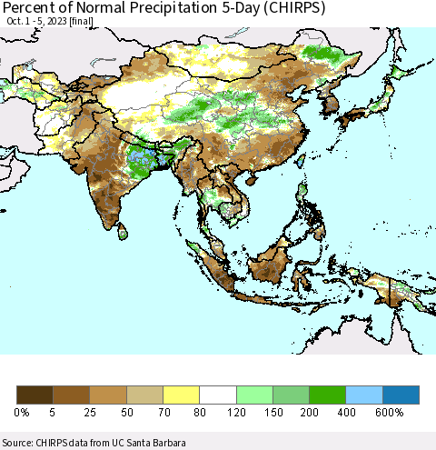 Asia Percent of Normal Precipitation 5-Day (CHIRPS) Thematic Map For 10/1/2023 - 10/5/2023