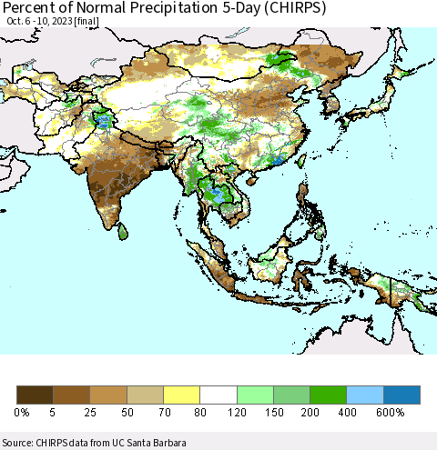 Asia Percent of Normal Precipitation 5-Day (CHIRPS) Thematic Map For 10/6/2023 - 10/10/2023