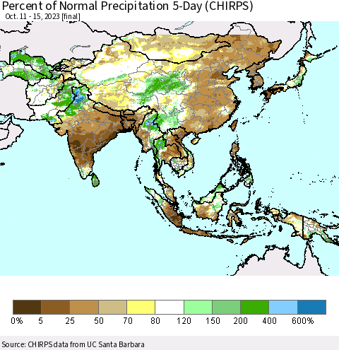Asia Percent of Normal Precipitation 5-Day (CHIRPS) Thematic Map For 10/11/2023 - 10/15/2023