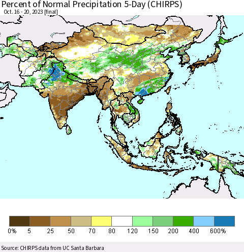Asia Percent of Normal Precipitation 5-Day (CHIRPS) Thematic Map For 10/16/2023 - 10/20/2023