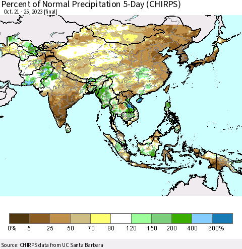 Asia Percent of Normal Precipitation 5-Day (CHIRPS) Thematic Map For 10/21/2023 - 10/25/2023