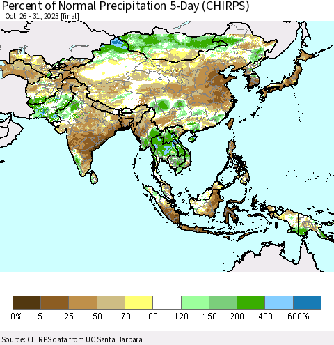 Asia Percent of Normal Precipitation 5-Day (CHIRPS) Thematic Map For 10/26/2023 - 10/31/2023