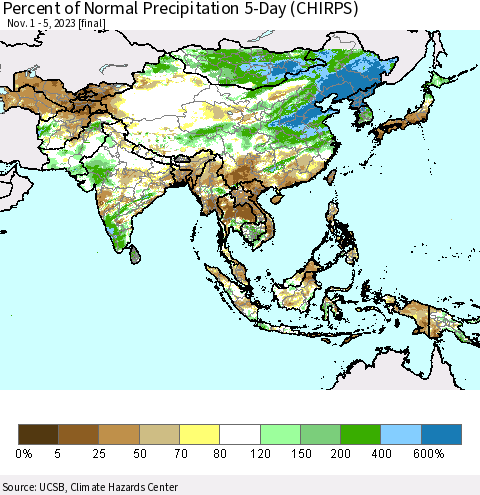 Asia Percent of Normal Precipitation 5-Day (CHIRPS) Thematic Map For 11/1/2023 - 11/5/2023
