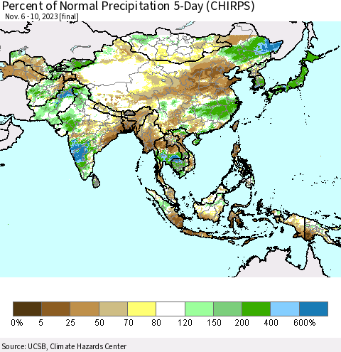 Asia Percent of Normal Precipitation 5-Day (CHIRPS) Thematic Map For 11/6/2023 - 11/10/2023