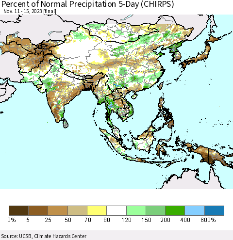 Asia Percent of Normal Precipitation 5-Day (CHIRPS) Thematic Map For 11/11/2023 - 11/15/2023