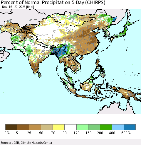 Asia Percent of Normal Precipitation 5-Day (CHIRPS) Thematic Map For 11/16/2023 - 11/20/2023
