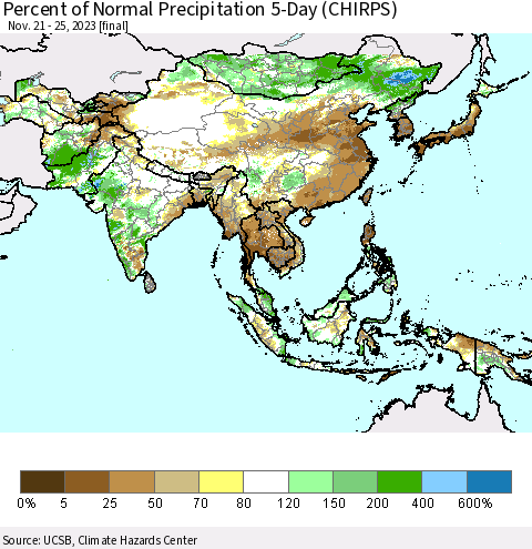 Asia Percent of Normal Precipitation 5-Day (CHIRPS) Thematic Map For 11/21/2023 - 11/25/2023
