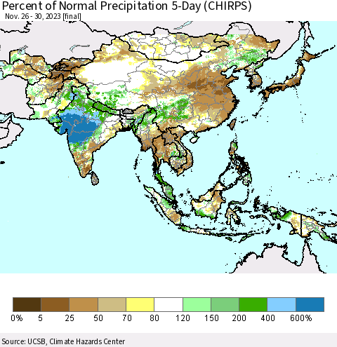 Asia Percent of Normal Precipitation 5-Day (CHIRPS) Thematic Map For 11/26/2023 - 11/30/2023