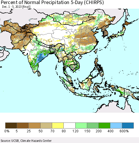 Asia Percent of Normal Precipitation 5-Day (CHIRPS) Thematic Map For 12/1/2023 - 12/5/2023