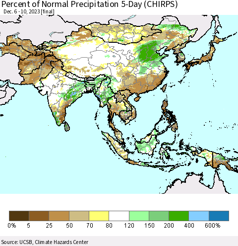 Asia Percent of Normal Precipitation 5-Day (CHIRPS) Thematic Map For 12/6/2023 - 12/10/2023