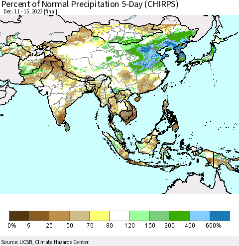 Asia Percent of Normal Precipitation 5-Day (CHIRPS) Thematic Map For 12/11/2023 - 12/15/2023