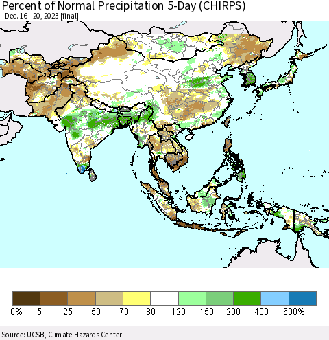 Asia Percent of Normal Precipitation 5-Day (CHIRPS) Thematic Map For 12/16/2023 - 12/20/2023
