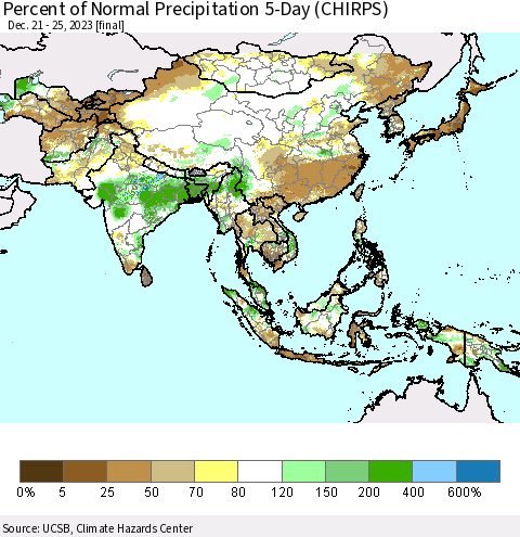 Asia Percent of Normal Precipitation 5-Day (CHIRPS) Thematic Map For 12/21/2023 - 12/25/2023