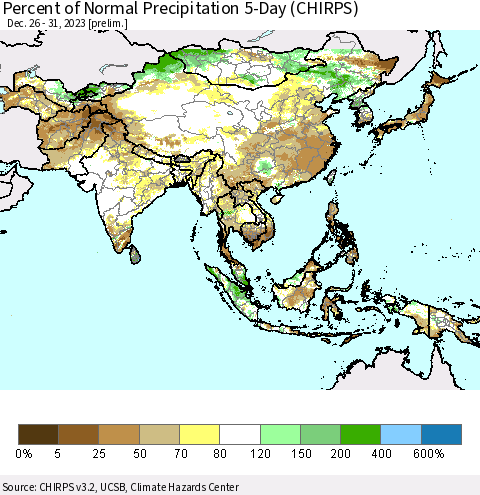 Asia Percent of Normal Precipitation 5-Day (CHIRPS) Thematic Map For 12/26/2023 - 12/31/2023