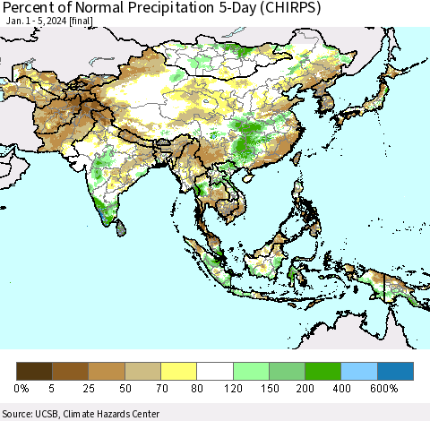 Asia Percent of Normal Precipitation 5-Day (CHIRPS) Thematic Map For 1/1/2024 - 1/5/2024