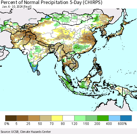 Asia Percent of Normal Precipitation 5-Day (CHIRPS) Thematic Map For 1/6/2024 - 1/10/2024