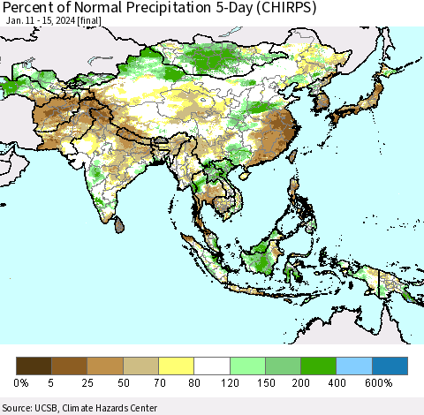 Asia Percent of Normal Precipitation 5-Day (CHIRPS) Thematic Map For 1/11/2024 - 1/15/2024