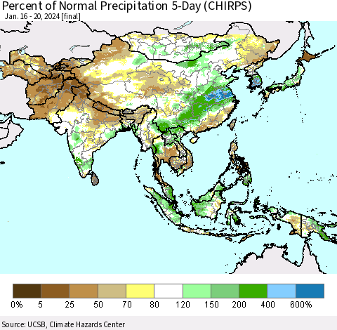 Asia Percent of Normal Precipitation 5-Day (CHIRPS) Thematic Map For 1/16/2024 - 1/20/2024