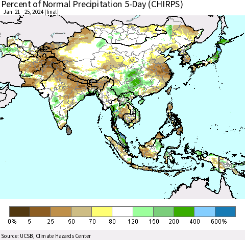 Asia Percent of Normal Precipitation 5-Day (CHIRPS) Thematic Map For 1/21/2024 - 1/25/2024