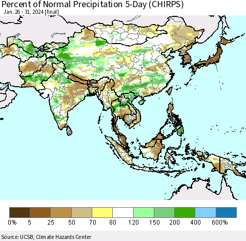 Asia Percent of Normal Precipitation 5-Day (CHIRPS) Thematic Map For 1/26/2024 - 1/31/2024