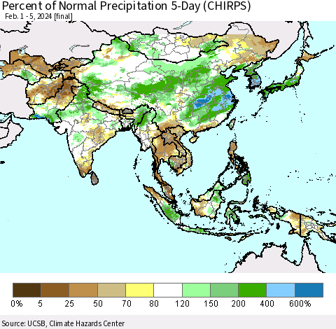Asia Percent of Normal Precipitation 5-Day (CHIRPS) Thematic Map For 2/1/2024 - 2/5/2024