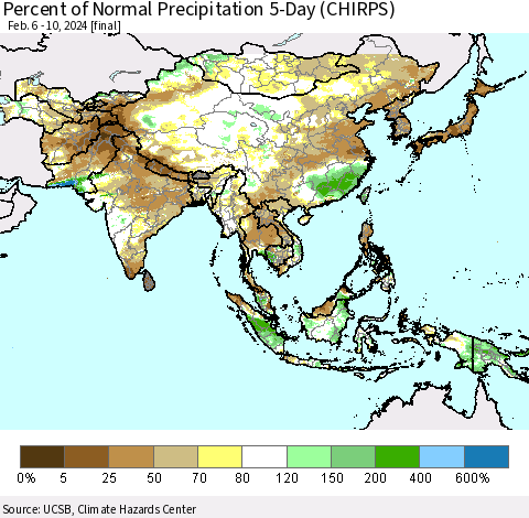 Asia Percent of Normal Precipitation 5-Day (CHIRPS) Thematic Map For 2/6/2024 - 2/10/2024