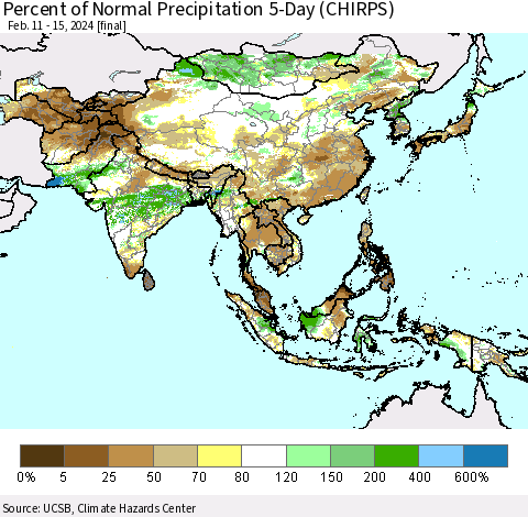 Asia Percent of Normal Precipitation 5-Day (CHIRPS) Thematic Map For 2/11/2024 - 2/15/2024