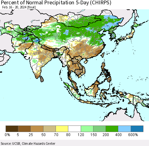 Asia Percent of Normal Precipitation 5-Day (CHIRPS) Thematic Map For 2/16/2024 - 2/20/2024