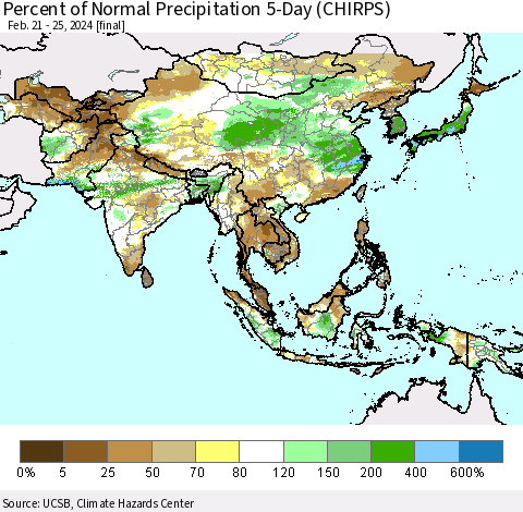 Asia Percent of Normal Precipitation 5-Day (CHIRPS) Thematic Map For 2/21/2024 - 2/25/2024