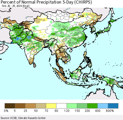Asia Percent of Normal Precipitation 5-Day (CHIRPS) Thematic Map For 2/26/2024 - 2/29/2024
