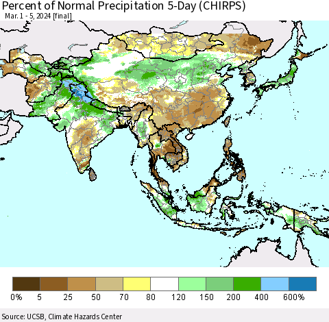 Asia Percent of Normal Precipitation 5-Day (CHIRPS) Thematic Map For 3/1/2024 - 3/5/2024