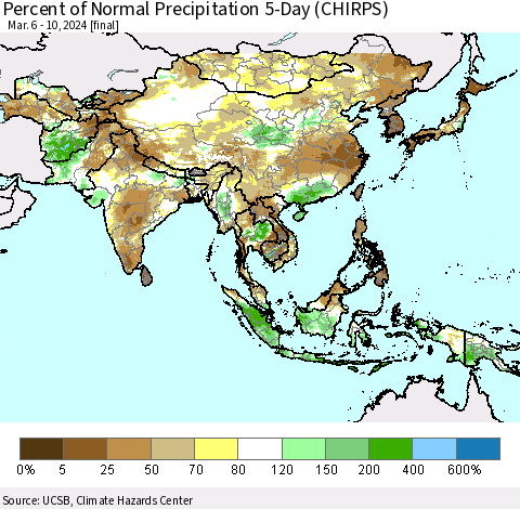 Asia Percent of Normal Precipitation 5-Day (CHIRPS) Thematic Map For 3/6/2024 - 3/10/2024
