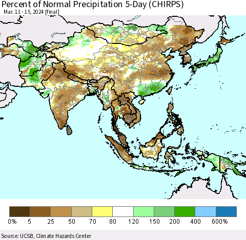 Asia Percent of Normal Precipitation 5-Day (CHIRPS) Thematic Map For 3/11/2024 - 3/15/2024