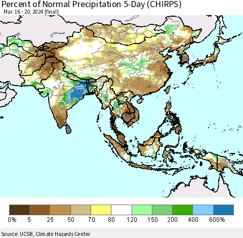 Asia Percent of Normal Precipitation 5-Day (CHIRPS) Thematic Map For 3/16/2024 - 3/20/2024