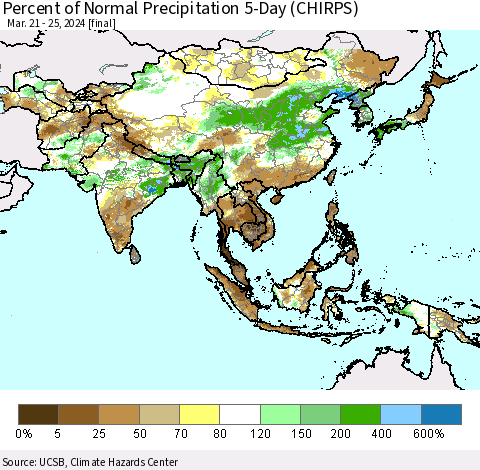 Asia Percent of Normal Precipitation 5-Day (CHIRPS) Thematic Map For 3/21/2024 - 3/25/2024