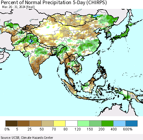 Asia Percent of Normal Precipitation 5-Day (CHIRPS) Thematic Map For 3/26/2024 - 3/31/2024