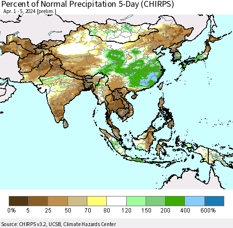 Asia Percent of Normal Precipitation 5-Day (CHIRPS) Thematic Map For 4/1/2024 - 4/5/2024