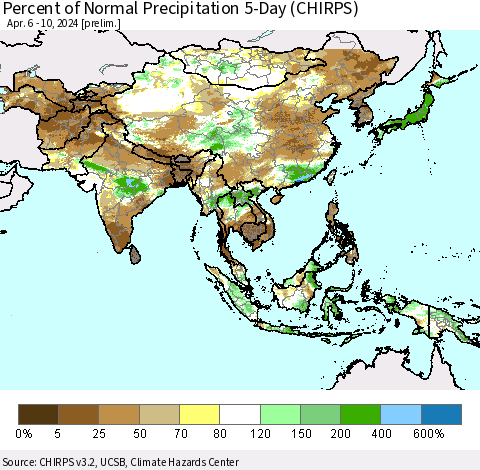 Asia Percent of Normal Precipitation 5-Day (CHIRPS) Thematic Map For 4/6/2024 - 4/10/2024