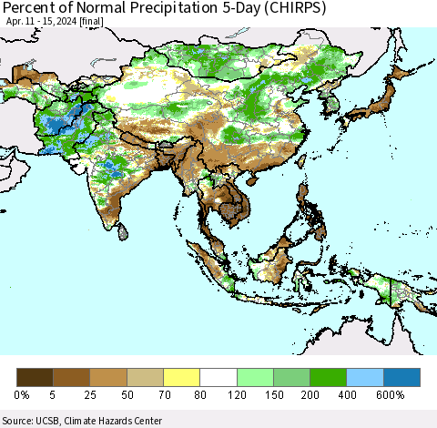 Asia Percent of Normal Precipitation 5-Day (CHIRPS) Thematic Map For 4/11/2024 - 4/15/2024