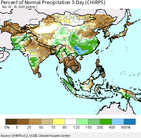 Asia Percent of Normal Precipitation 5-Day (CHIRPS) Thematic Map For 4/16/2024 - 4/20/2024