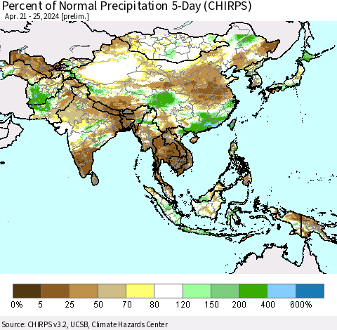 Asia Percent of Normal Precipitation 5-Day (CHIRPS) Thematic Map For 4/21/2024 - 4/25/2024