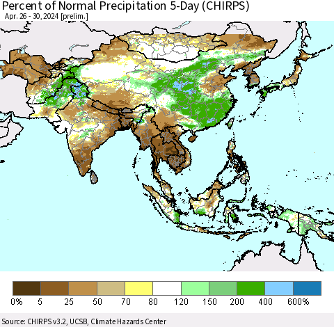Asia Percent of Normal Precipitation 5-Day (CHIRPS) Thematic Map For 4/26/2024 - 4/30/2024
