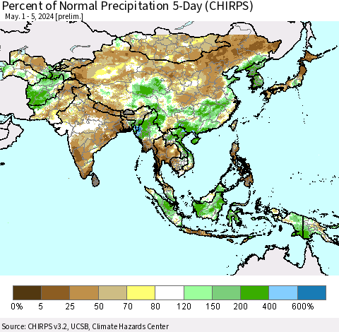 Asia Percent of Normal Precipitation 5-Day (CHIRPS) Thematic Map For 5/1/2024 - 5/5/2024