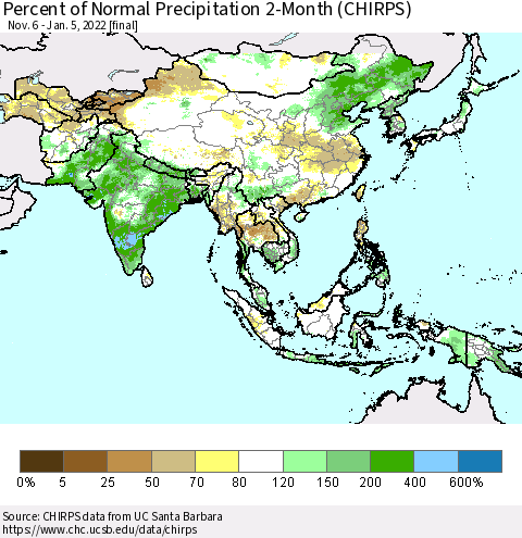 Asia Percent of Normal Precipitation 2-Month (CHIRPS) Thematic Map For 11/6/2021 - 1/5/2022