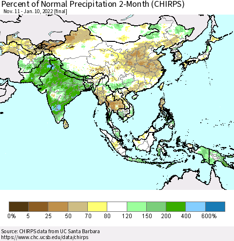 Asia Percent of Normal Precipitation 2-Month (CHIRPS) Thematic Map For 11/11/2021 - 1/10/2022